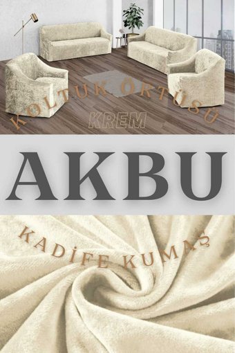 Akbu Kadife Süngersiz Düz Giydirmeli Lastikli Bej Dörtlü Koltuk Örtüsü 180x230 cm