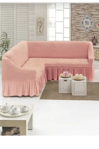 Akbu Pamuklu - Polyester Bürümcük Fırfırlı Süngersiz Giydirmeli Lastikli Pembe Tekli Koltuk Örtüsü 180x350 cm