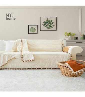 Ndc Home Keten Ponponlu Süngersiz Çizgili Bej Tekli Koltuk Örtüsü 140x180 cm