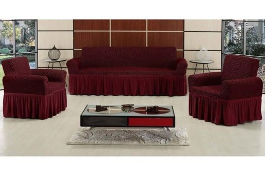 Altınkoza Pamuklu - Polyester Likralı Fırfırlı Süngersiz Petek Desenli Giydirmeli Lastikli Bordo Dörtlü Koltuk Örtüsü 85x213 cm