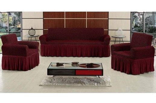 Altınkoza Pamuklu - Polyester Likralı Fırfırlı Süngersiz Petek Desenli Giydirmeli Lastikli Bordo Dörtlü Koltuk Örtüsü 85x213 cm