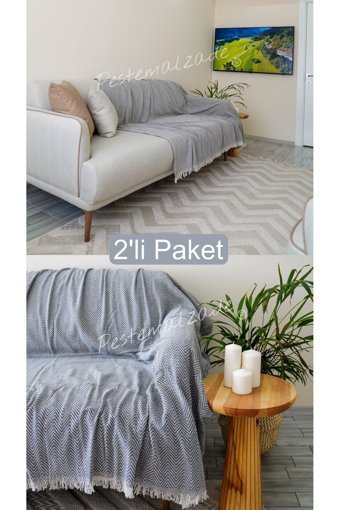 Vega Outdoor Tactical Pamuklu Polar Saçaklı Süngersiz Çizgili Gri İkili Koltuk Örtüsü 180x200 cm