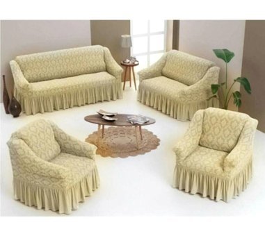 Furkanticaret Pamuklu - Polyester Jakarlı Süngersiz Damask Desenli Giydirmeli Krem 3-2-1-1 Koltuk Örtüsü 180x230 cm