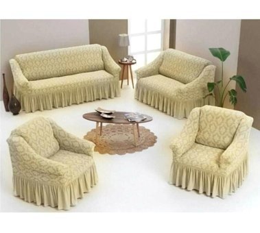 Furkanticaret Pamuklu - Polyester Jakarlı Süngersiz Damask Desenli Giydirmeli Krem 3-2-1-1 Koltuk Örtüsü 180x230 cm