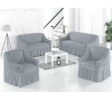 Akbu Pamuklu - Polyester Bürümcük Fırfırlı Süngersiz Giydirmeli Lastikli Gri Dörtlü Koltuk Örtüsü 183x230 cm