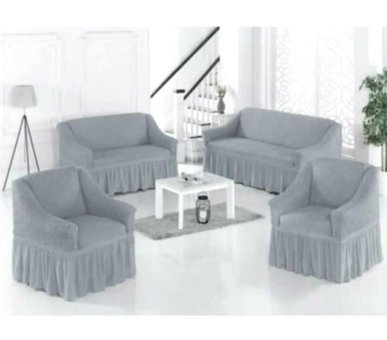 Akbu Pamuklu - Polyester Bürümcük Fırfırlı Süngersiz Giydirmeli Lastikli Gri Dörtlü Koltuk Örtüsü 183x230 cm