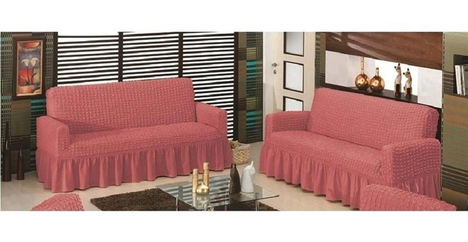 Altın Kelebek Polyester Bürümcük Fırfırlı Süngersiz Giydirmeli Lastikli Gül Kurusu İkili Koltuk Örtüsü 140x180 cm