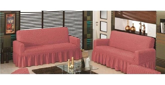Altın Kelebek Polyester Bürümcük Fırfırlı Süngersiz Giydirmeli Lastikli Gül Kurusu İkili Koltuk Örtüsü 140x180 cm