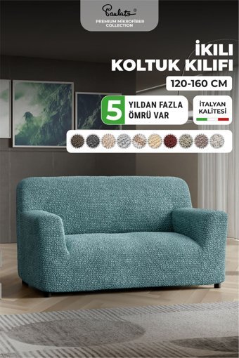 Paulato Mikrofiber Likralı Jakarlı Süngersiz Çizgili Giydirmeli Turkuaz İkili Koltuk Örtüsü 100x160 cm