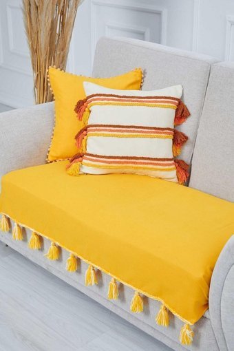 Aisha's Design KO-26-IK Polyester Örgü Püsküllü Süngersiz Düz Sarı Tekli Koltuk Örtüsü 90x155 cm