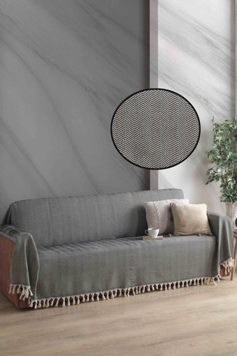 Ladynil Natural Pamuklu Saçaklı Süngersiz Çizgili Siyah Tekli Koltuk Örtüsü 180x300 cm