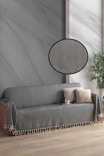 Ladynil Natural Pamuklu Saçaklı Süngersiz Çizgili Siyah Tekli Koltuk Örtüsü 180x300 cm