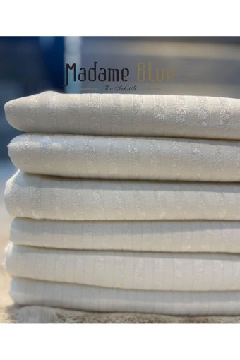 Madame Blue Kadife Süngerli Çizgili Beyaz Tekli Koltuk Örtüsü 170x210 cm