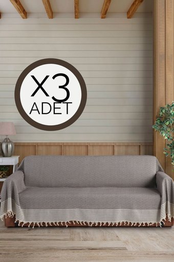Lux Touch Pamuklu Püsküllü Süngersiz Geometrik Desenli Kahverengi Üçlü Koltuk Örtüsü 180x300 cm