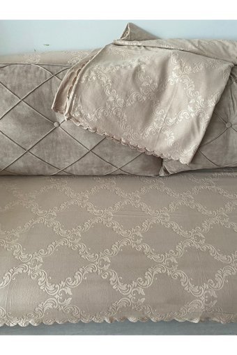 Ebruli Butik Pamuklu - Polyester Polar Jakarlı Süngersiz Kahverengi Üçlü Koltuk Örtüsü 5x110 cm