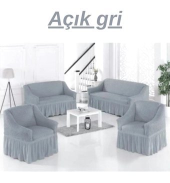 Akyol Home Pamuklu - Polyester Bürümcük Fırfırlı Süngersiz Giydirmeli Lastikli Gri Dörtlü Koltuk Örtüsü 180x230 cm