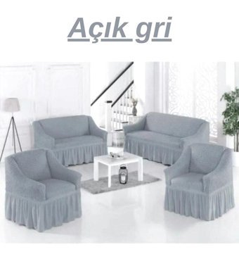 Akyol Home Pamuklu - Polyester Bürümcük Fırfırlı Süngersiz Giydirmeli Lastikli Gri Dörtlü Koltuk Örtüsü 180x230 cm