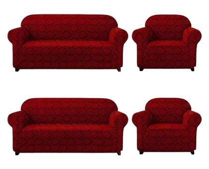 Ak Lale Polyester Fırfırlı Süngersiz Geometrik Desenli Giydirmeli Lastikli Bordo Dörtlü Koltuk Örtüsü 180x230 cm
