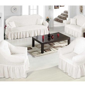 Uyintil Pamuklu - Polyester Bürümcük-Likralı Drapeli Süngerli Petek Desenli Giydirmeli Beyaz Dörtlü Koltuk Örtüsü