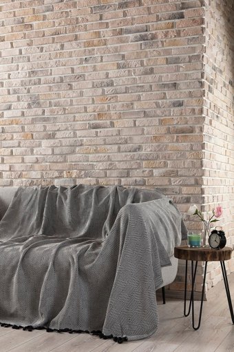 Vagonik Pamuklu Polar Saçaklı Süngersiz Geometrik Desenli Siyah Tekli Koltuk Örtüsü 180x230 cm