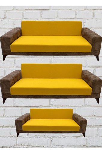 Şahane Ev Mikro Polyester Likralı Jakarlı Süngersiz Düz Giydirmeli Lastikli Sarı Üçlü Koltuk Örtüsü 75x55 cm