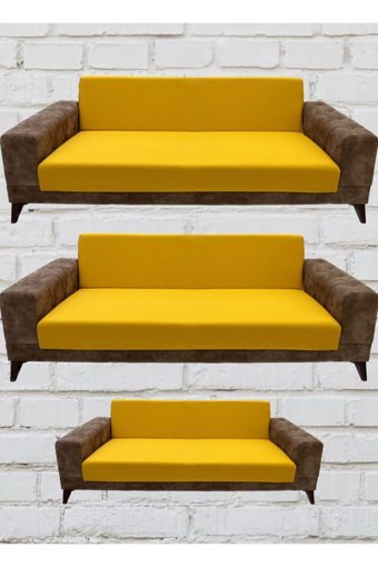 Şahane Ev Mikro Polyester Likralı Jakarlı Süngersiz Düz Giydirmeli Lastikli Sarı Üçlü Koltuk Örtüsü 75x55 cm