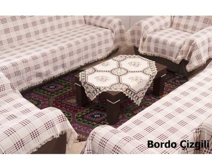 Buldan Pamuklu Kanvas Saçaklı Süngersiz Ekoseli Bordo Sekizli Koltuk Örtüsü 180x300 cm