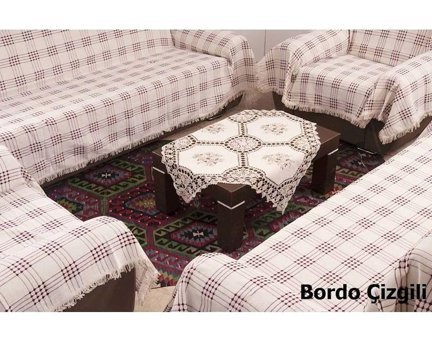 Buldan Pamuklu Kanvas Saçaklı Süngersiz Ekoseli Bordo Sekizli Koltuk Örtüsü 180x300 cm