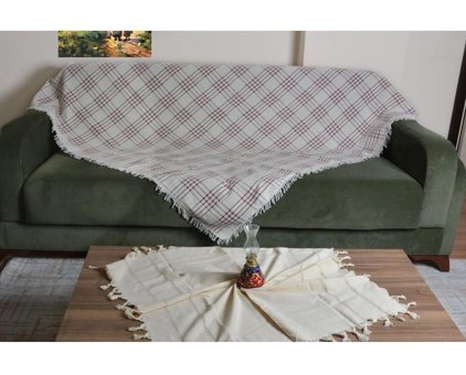 Buldan Pamuklu Kanvas Püsküllü Süngersiz Ekoseli Bordo Üçlü Koltuk Örtüsü 180x220 cm