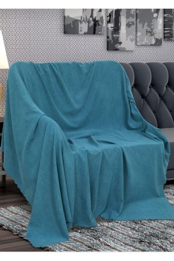 Poyraz Garanti Pamuklu Nubuk Jakarlı Süngersiz Çizgili Turkuaz Tekli Koltuk Örtüsü 180x220 cm