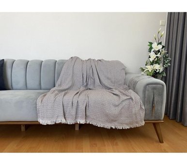Niks Home Pamuklu Saçaklı Süngersiz Geometrik Desenli Kahverengi Tekli Koltuk Örtüsü 170x210 cm