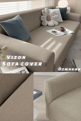 Özmakan Pamuklu - Polyester Likralı Jakarlı Süngersiz Petek Desenli Giydirmeli Bej Üçlü Koltuk Örtüsü 180x230 cm