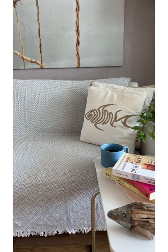 Lapipa Pamuklu Saçaklı Süngersiz Armürlü Gri Tekli Koltuk Örtüsü 170x210 cm