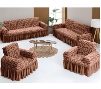 Ak Lale Pamuklu - Polyester Jakarlı Süngersiz Petek Desenli Giydirmeli Lastikli Kahverengi Dörtlü Koltuk Örtüsü 180x237 cm