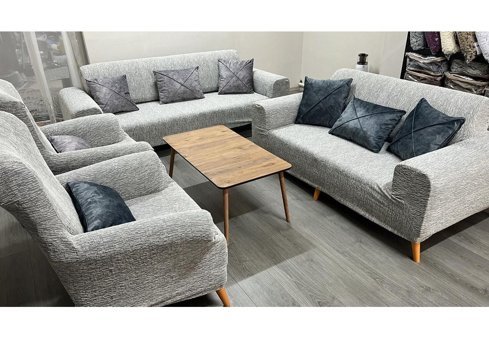 Uzhanem Pamuklu - Polyester Likralı Jakarlı Süngerli Çizgili Giydirmeli Bej Dörtlü Koltuk Örtüsü 183x230 cm