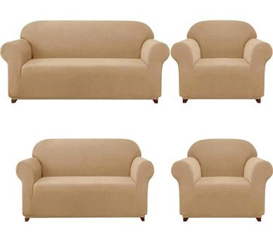 Akbu Polyester Süngersiz Düz Giydirmeli Lastikli Bej Dörtlü Koltuk Örtüsü 180x230 cm