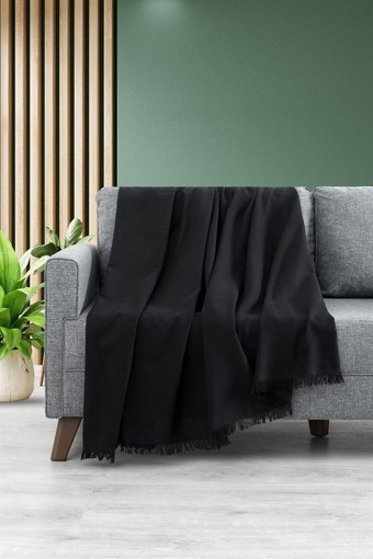 Denizli Concept Lalin Pamuklu - Polyester Kanvas Saçaklı Süngersiz Armürlü Siyah Üçlü Koltuk Örtüsü 200x200 cm