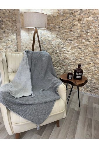 Rozet Tekstil Pamuklu Örgü Püsküllü Süngersiz Armürlü Gri Tekli Koltuk Örtüsü 120x180 cm