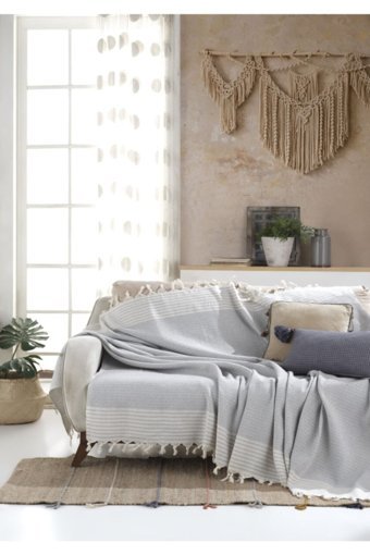 Lux Touch Bergama Pamuklu Püsküllü Süngersiz Geometrik Desenli Gri Tekli Koltuk Örtüsü 170x200 cm