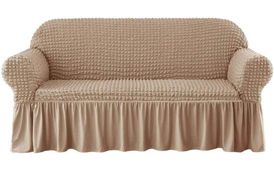 Hanemce Pamuklu - Polyester Bürümcük Fırfırlı Süngersiz Kapitone Giydirmeli Gri Üçlü Koltuk Örtüsü 180x230 cm