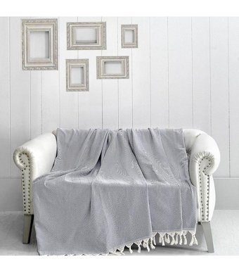 Dc Home Trendy Polyester Kanvas Püsküllü Süngersiz Armürlü Gri Üçlü Koltuk Örtüsü 170x230 cm