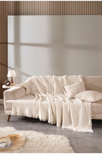 Oteks Home Collection Müslin Örgü Saçaklı Süngersiz Armürlü Bej Tekli Koltuk Örtüsü 200x200 cm
