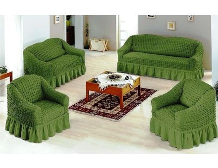 Altın Kelebek Pamuklu - Polyester Bürümcük Fırfırlı Süngersiz Giydirmeli Lastikli Yeşil Dörtlü Koltuk Örtüsü 180x230 cm