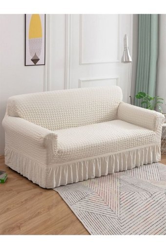 Özmakan Pamuklu - Polyester Likralı Jakarlı Süngersiz Düz Giydirmeli Bej Üçlü Koltuk Örtüsü 180x230 cm