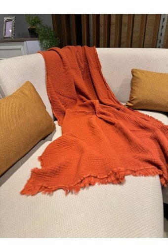 Oteks Home Collection Müslin Örgü Saçaklı Süngersiz Armürlü Turuncu Tekli Koltuk Örtüsü 100x200 cm