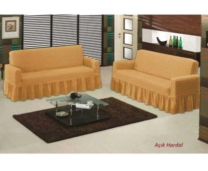 Altın Kelebek Pamuklu - Polyester Bürümcük Fırfırlı Süngersiz Giydirmeli Lastikli Hardal İkili Koltuk Örtüsü 140x180 cm