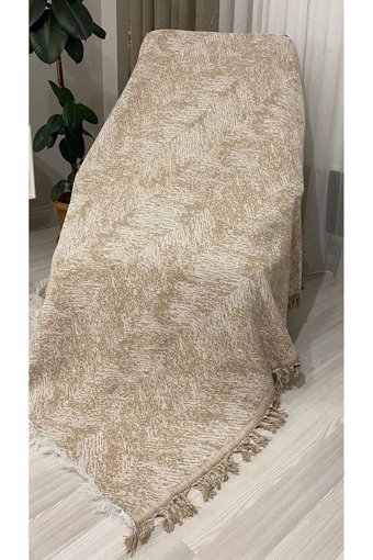 Kanaat Pamuklu Püsküllü Süngersiz Çizgili Bej Tekli Koltuk Örtüsü 170x220 cm
