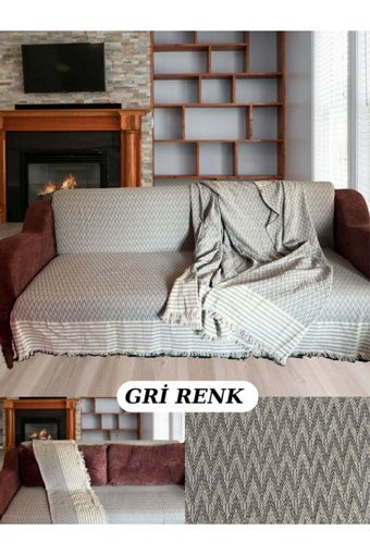 E Bahar Pamuklu Kanvas Jakarlı Süngersiz Armürlü Gri Üçlü Koltuk Örtüsü 185x215 cm