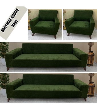 Kılıfsan Babyface Pamuklu - Polyester Süngersiz Giydirmeli Lastikli Kaymaz Haki Dörtlü Koltuk Örtüsü 140 cm