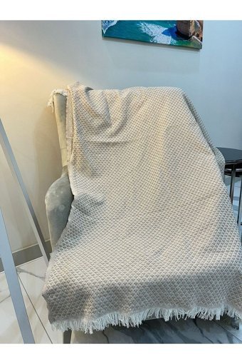 Divaldi Pamuklu - Polyester Kanvas Saçaklı Süngersiz Armürlü Bej Tekli Koltuk Örtüsü 170x210 cm
